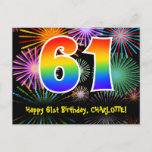 [ Thumbnail: 61st Birthday – Fun Fireworks Pattern + Rainbow 61 Postcard ]