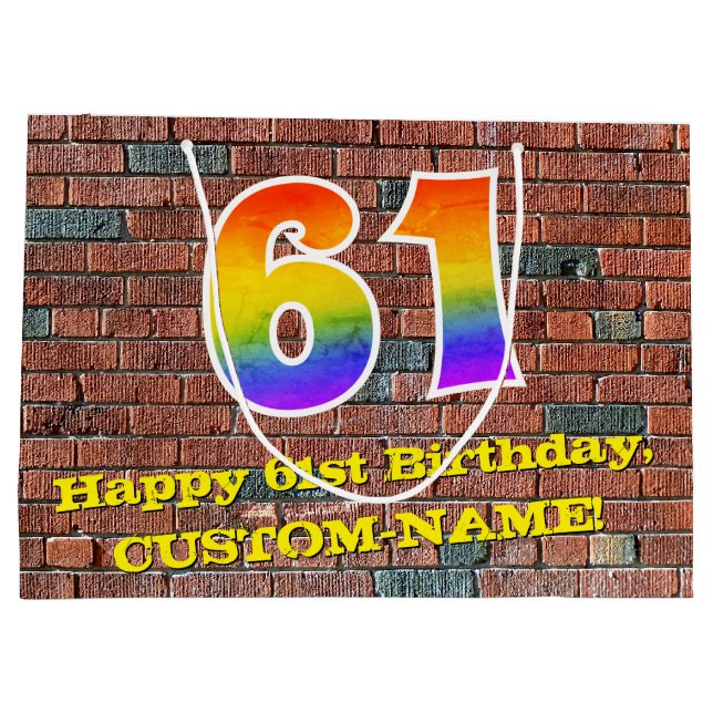 61st Birthday: Fun, Graffiti-Inspired Rainbow # 61 Large Gift Bag (Back)