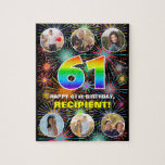 [ Thumbnail: 61st Birthday: Fun Rainbow #, Custom Name + Photos Jigsaw Puzzle ]