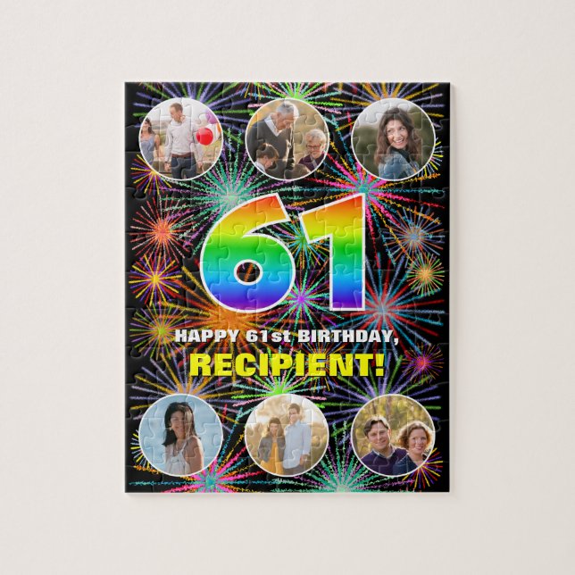 61st Birthday: Fun Rainbow #, Custom Name + Photos Jigsaw Puzzle (Vertical)