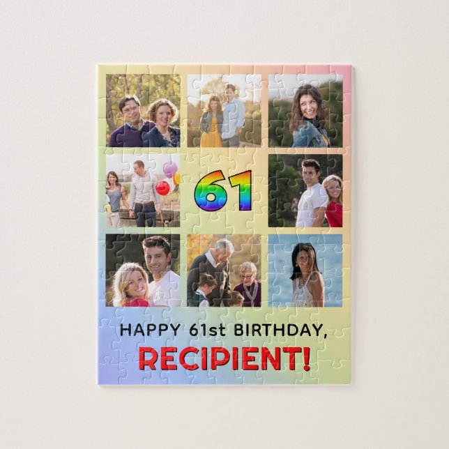 61st Birthday: Fun Rainbow #, Custom Name & Photos Jigsaw Puzzle (Vertical)