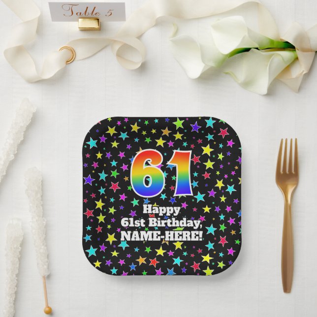 61st Birthday: Fun Stars Pattern and Rainbow “61” Paper Plates (Wedding)