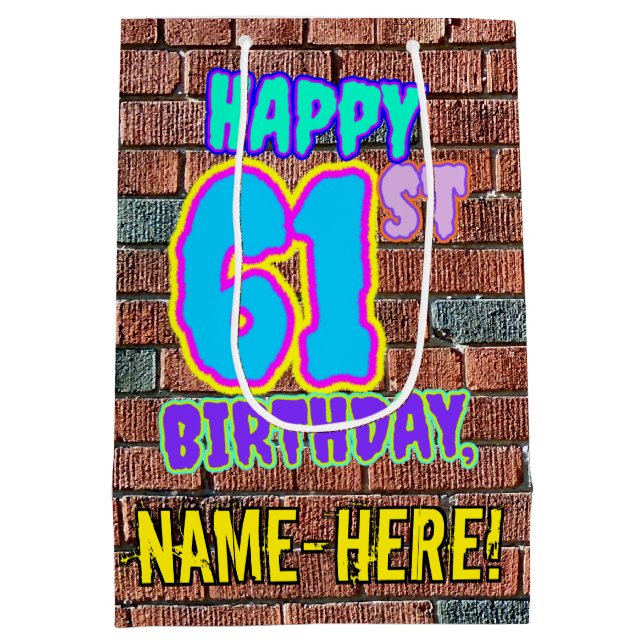 61st Birthday: Fun, Urban Graffiti Inspired Look Medium Gift Bag (Back)