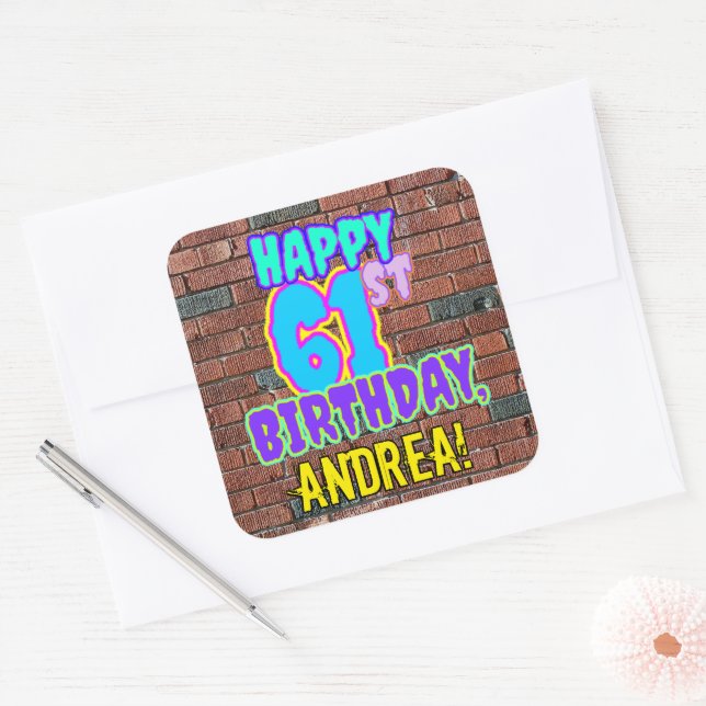 61st Birthday – Fun, Urban Graffiti Inspired Look Square Sticker (Envelope)