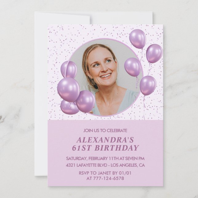 61st birthday invitations Balloons Photo Purple (Front)