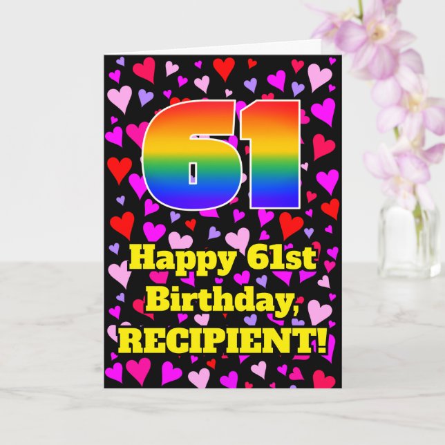61st Birthday: Loving Hearts Pattern, Rainbow # 61 Card (Orchid)