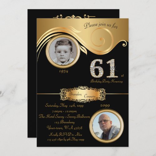 61stBirthday Man 61stelegant art decoblack gold Invitation