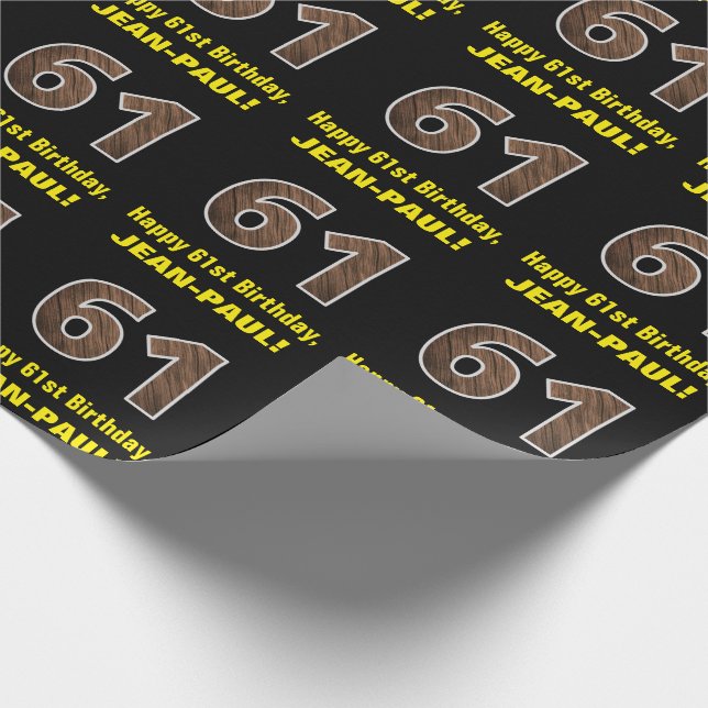 61st Birthday: Name & Faux Wood Grain Pattern "61" Wrapping Paper (Corner)
