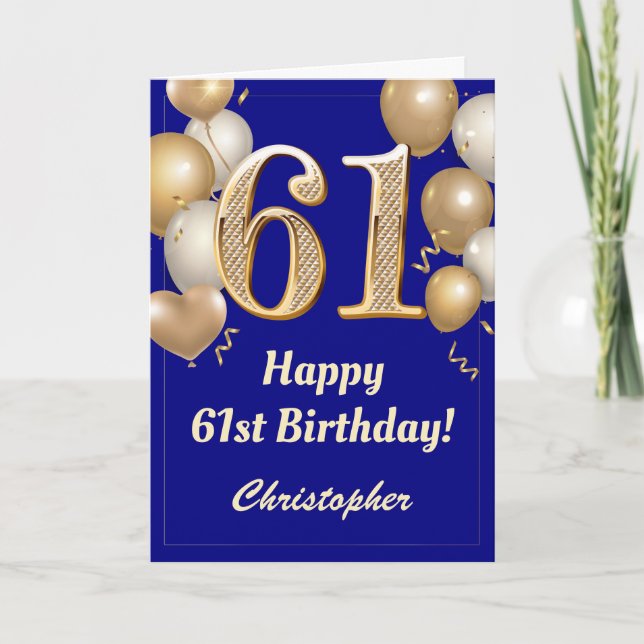 61st Birthday Navy Blue and Gold Balloons Confetti Card (Front)