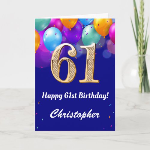 61st Birthday Navy Blue and Gold Colorful Balloons Card