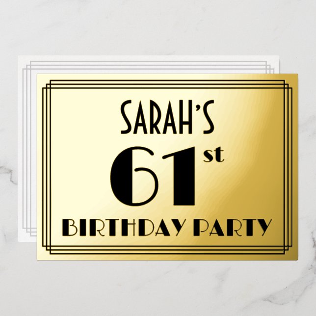 61st Birthday Party — Art Deco Look “61” + Name Foil Invitation (Front/Back)