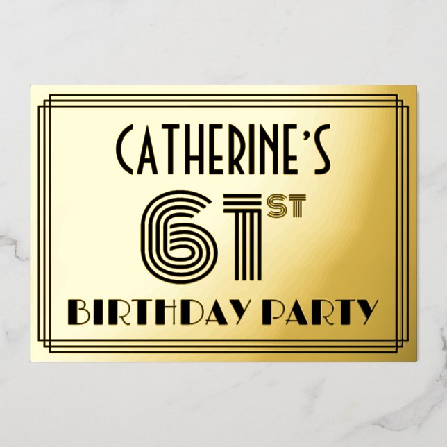 61st Birthday Party — Art Deco Style “61” & Name Foil Invitation (Front)