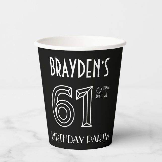 61st Birthday Party: Art Deco Style + Custom Name Paper Cups (Front)