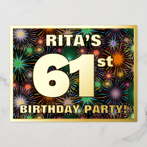 61st Birthday Party Bold Colorful Fireworks Look Foil Invitation Postcard