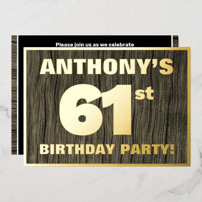 61st Birthday Party: Bold, Faux Wood Grain Pattern Foil Invitation (Front/Back)