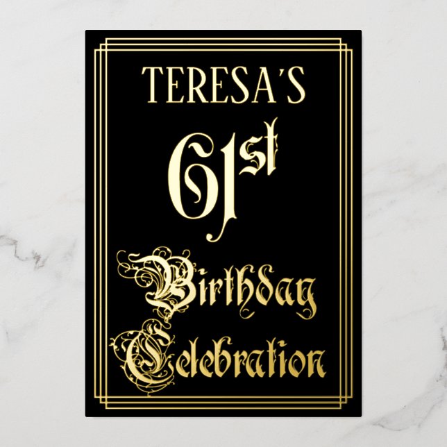 61st Birthday Party — Fancy Script & Custom Name Foil Invitation (Front)