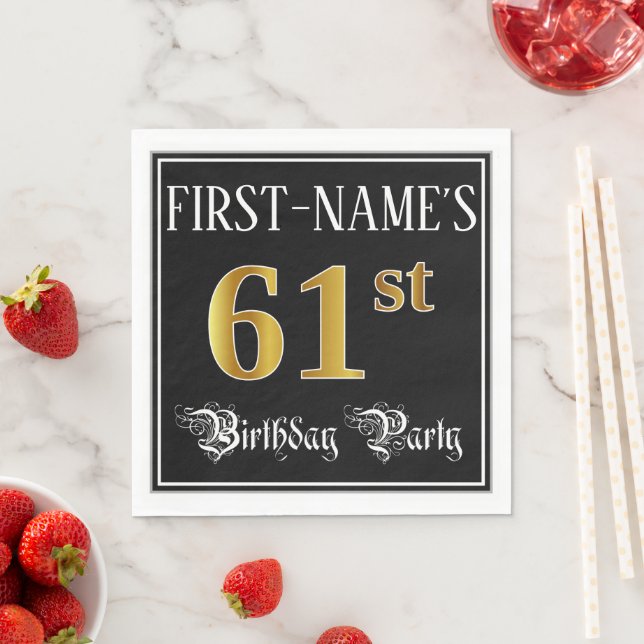 61st Birthday Party — Fancy Script, Faux Gold Look Napkins (Insitu)