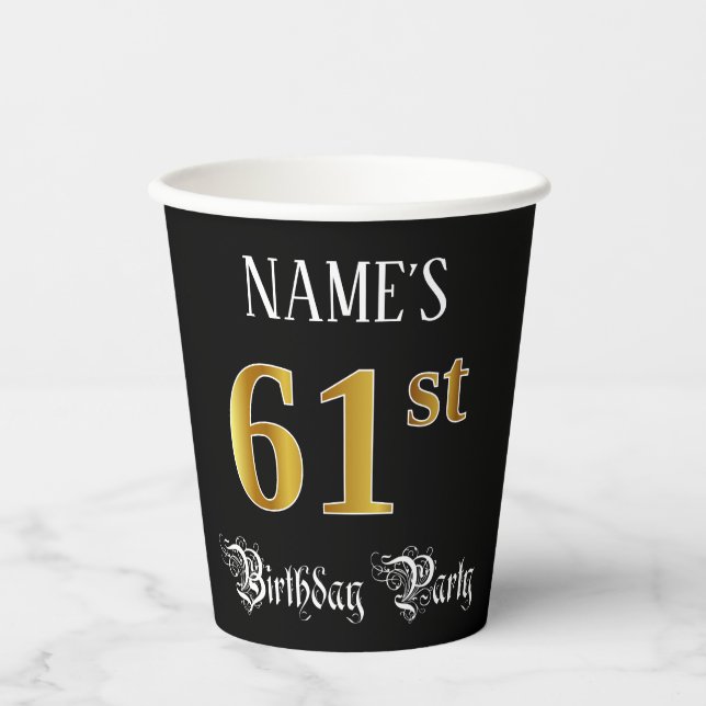 61st Birthday Party — Fancy Script, Faux Gold Look Paper Cups (Front)