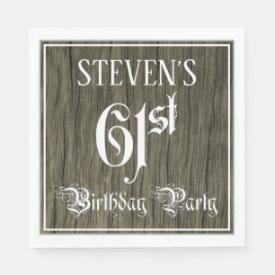 61st Birthday Party — Fancy Script, Faux Wood Look Napkins