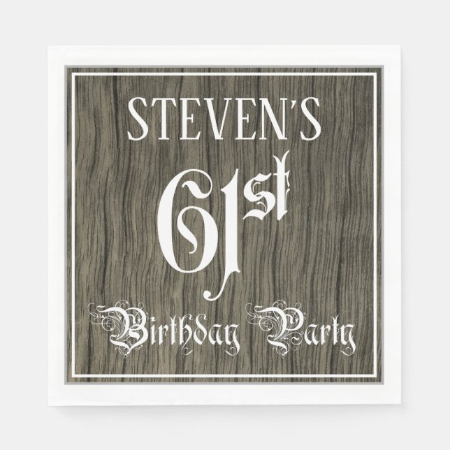 61st Birthday Party — Fancy Script, Faux Wood Look Napkins (Front)