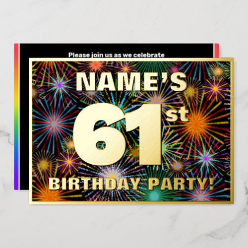 61st Birthday Party  Fun Colorful Fireworks Look Foil Invitation