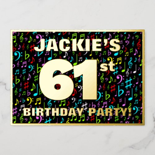 61st Birthday Party  Fun Colorful Music Symbols Foil Invitation