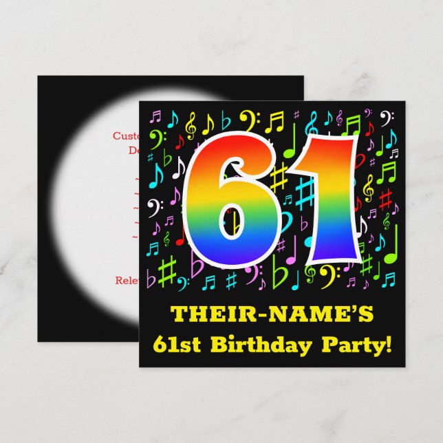 61st Birthday Party: Fun Music Symbols, Rainbow 61 Invitation (Front/Back)