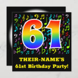 [ Thumbnail: 61st Birthday Party: Fun Music Symbols, Rainbow 61 Invitation ]