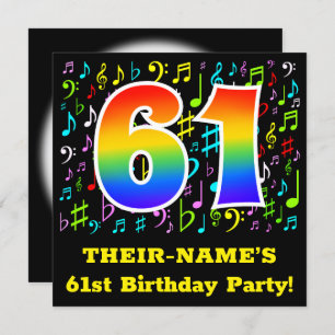 61st Birthday Party: Fun Music Symbols, Rainbow 61 Invitation
