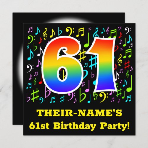61st Birthday Party Fun Music Symbols Rainbow 61 Invitation