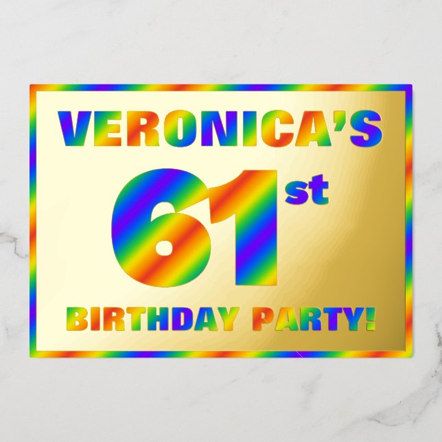 61st Birthday Party — Fun, Rainbow Spectrum “61” Foil Invitation (Front)