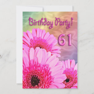 61st Birthday party invitation with pink flowers