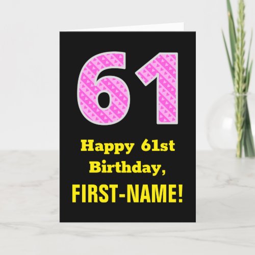 61st Birthday Pink Stripes and Hearts 61  Name Card