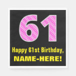 [ Thumbnail: 61st Birthday: Pink Stripes and Hearts "61" + Name Napkins ]