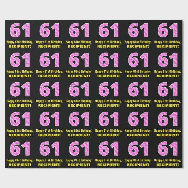 61st Birthday: Pink Stripes and Hearts "61" + Name Wrapping Paper (Flat)