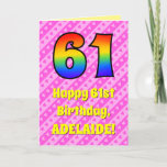 [ Thumbnail: 61st Birthday: Pink Stripes & Hearts, Rainbow # 61 Card ]