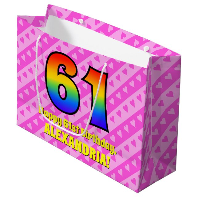 61st Birthday: Pink Stripes & Hearts, Rainbow # 61 Large Gift Bag (Front Angled)