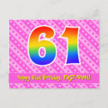 [ Thumbnail: 61st Birthday: Pink Stripes & Hearts, Rainbow 61 Postcard ]