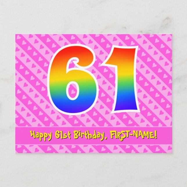 61st Birthday: Pink Stripes & Hearts, Rainbow 61 Postcard (Front)