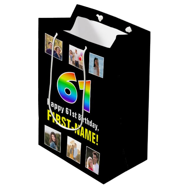 61st Birthday: Rainbow “61“, Custom Photos & Name Medium Gift Bag (Front Angled)