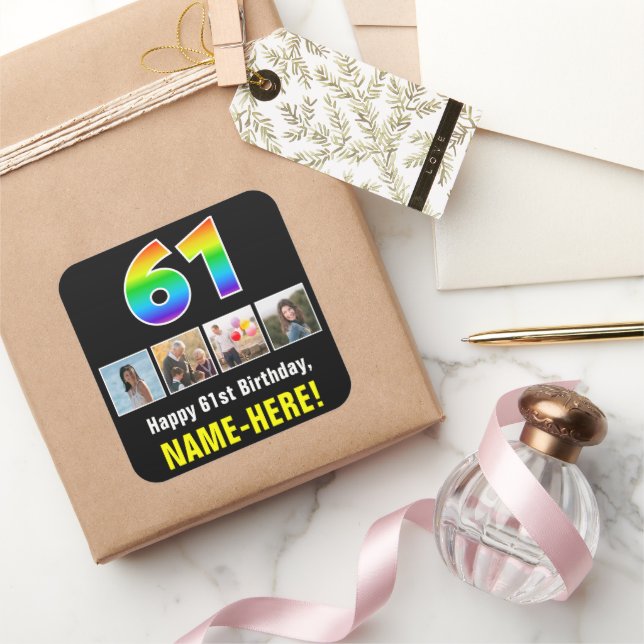 61st Birthday: Rainbow “61”; Custom Photos & Name Square Sticker (Gifting)