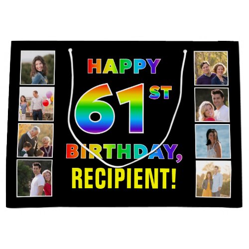 61st Birthday Rainbow Text Custom Photos  Name Large Gift Bag
