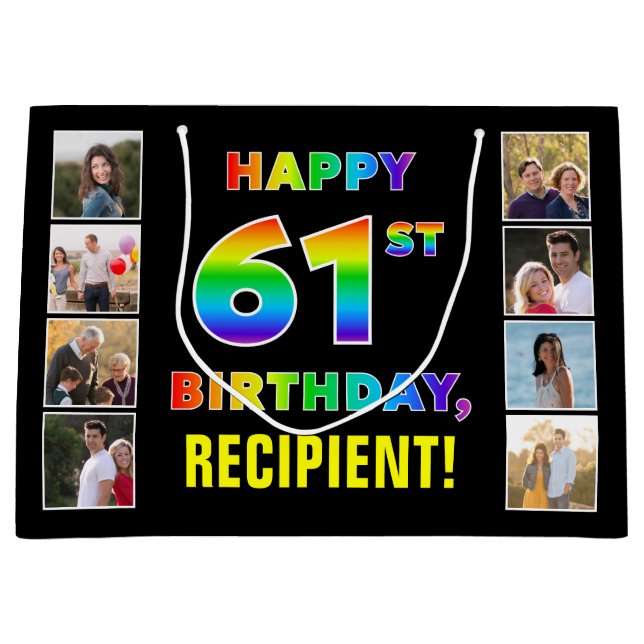 61st Birthday: Rainbow Text, Custom Photos & Name Large Gift Bag (Front)