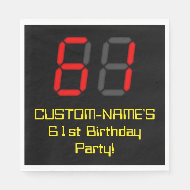 61st Birthday: Red Digital Clock Style "61" + Name Napkins (Front)