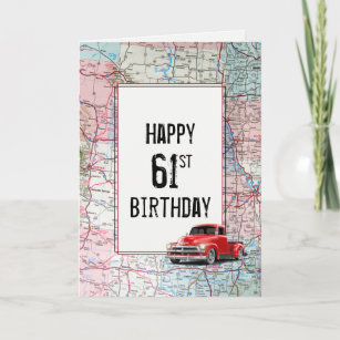 61st Birthday Red Retro Truck on Map  Card