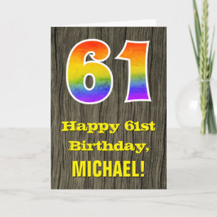 61st Birthday: Rustic Faux Wood Look, Rainbow "61" Card