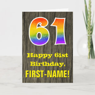 61st Birthday: Rustic Faux Wood Look, Rainbow "61" Card