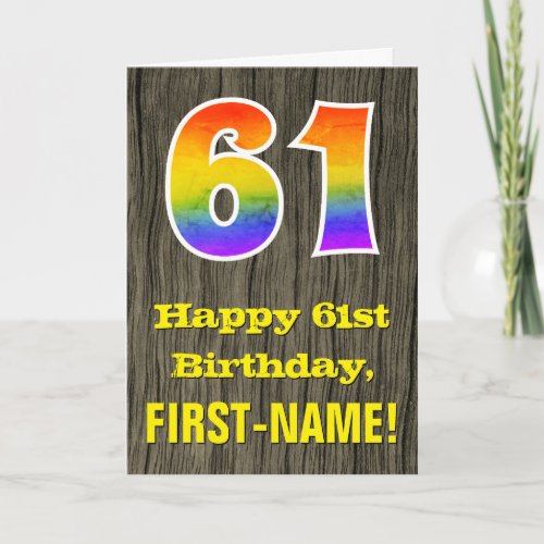 61st Birthday Rustic Faux Wood Look Rainbow 61 Card