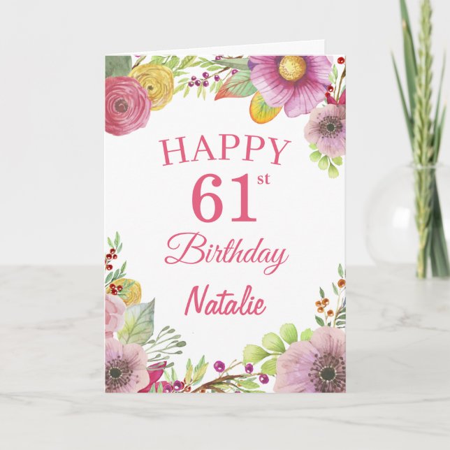 61st Birthday Watercolor Floral Flowers Pink Card (Front)