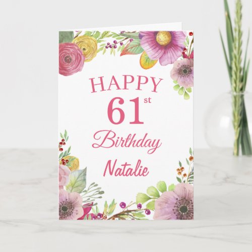 61st Birthday Watercolor Floral Flowers Pink Card